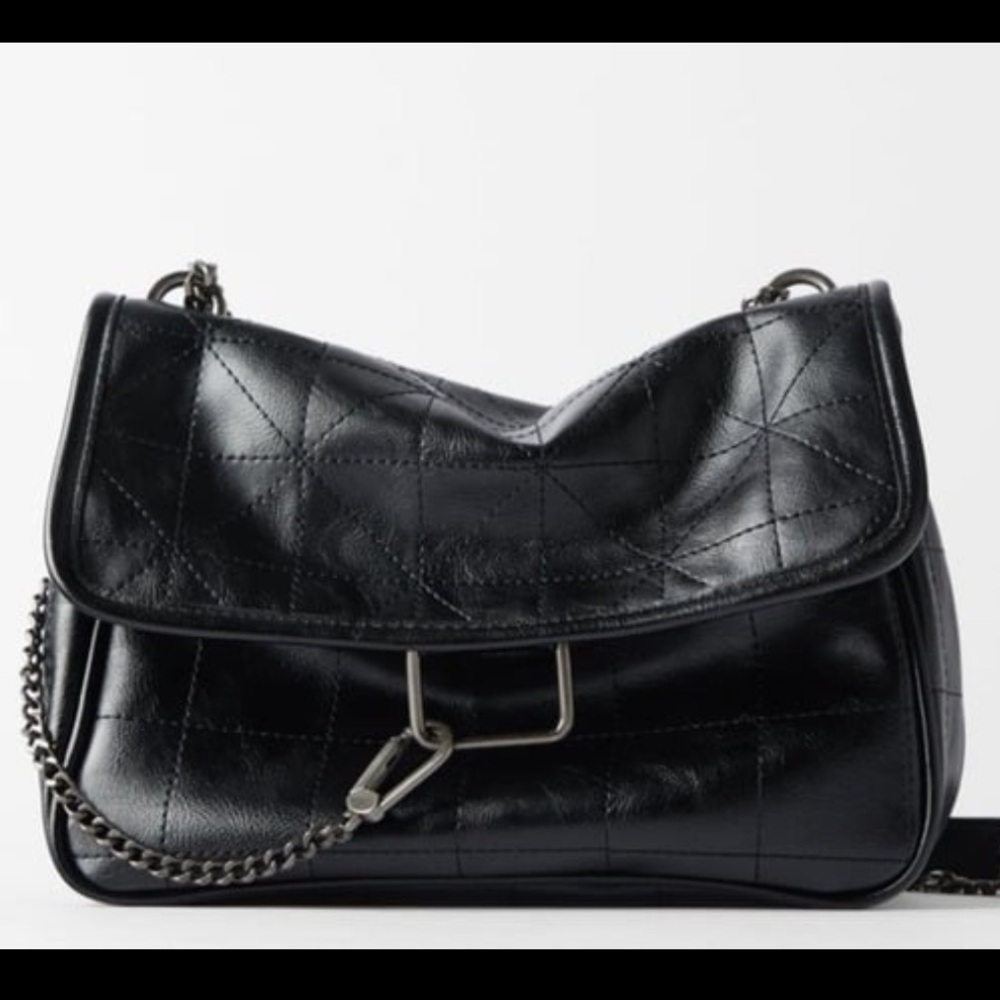 ZARA Black Quilted Crossbody Bag Chain Strap Detachable Adjustable Silver HW - Picture 2 of 6